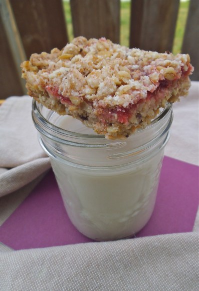 Strawberry bar stacked above milk