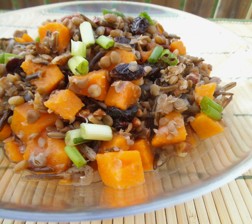 Lentil, Wild Rice, and Sweet Potato Salad with Orange Pecan Dressing