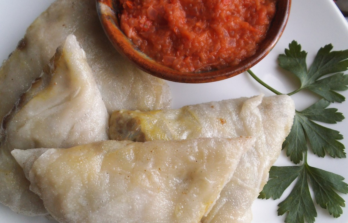 Lentil Samosas with Tomato Onion Chutney