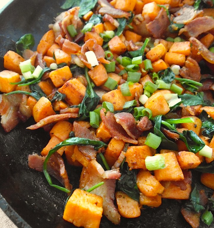 Sweet Potato Skillet with Bacon and Greens | Swirls and Spice