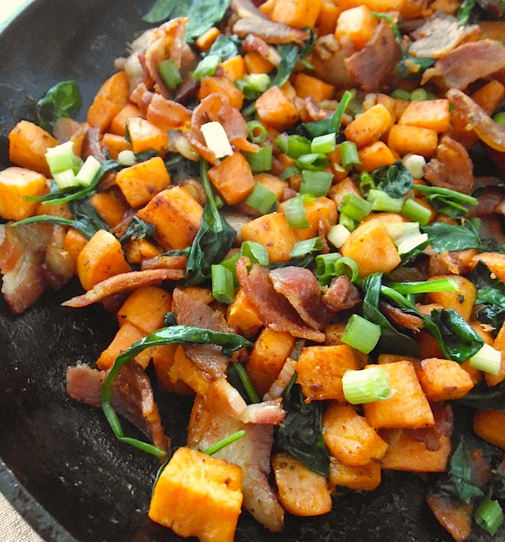 Sweet Potato Skillet with Bacon and Greens | Swirls and Spice