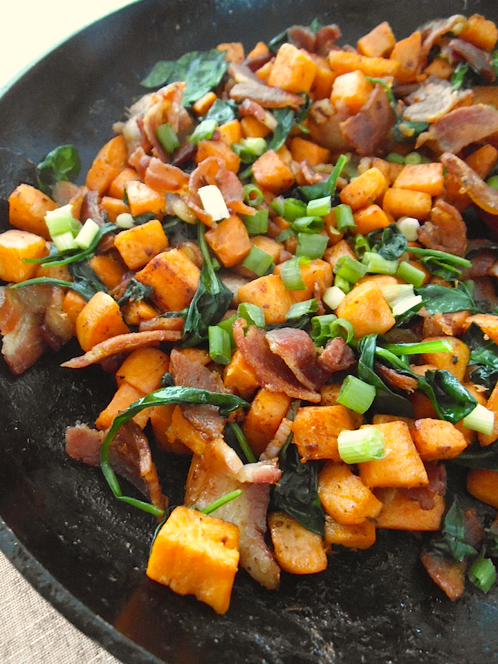 Sweet Potato Skillet with Bacon and Greens | Swirls and Spice