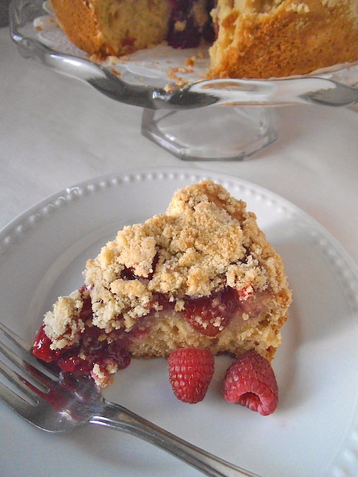 Raspberry Peach Crumble Cake | Swirls and Spice