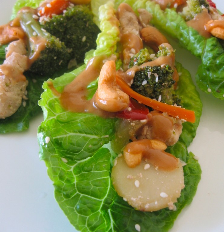 Chicken Stir Fry Romaine Wraps with Peanut Sauce | Swirls and Spice