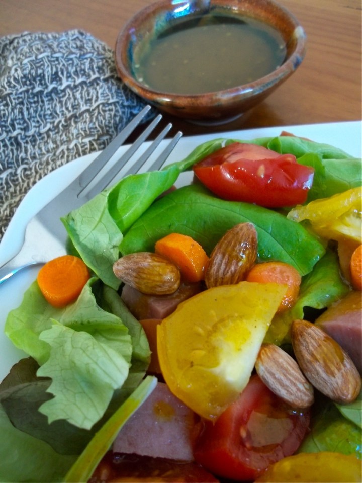 Green Power Salad with Ham, Almonds and Turmeric Vinaigrette | Swirls and Spice