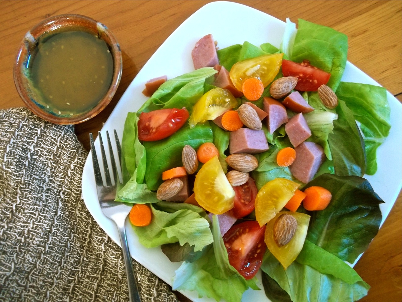 Green Power Salad with Ham, Almonds and Turmeric Vinaigrette | Swirls and Spice